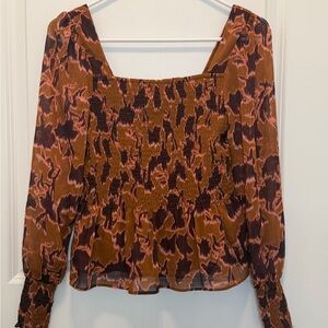 Nine West Rust Brown and Pink Smocked Square-Neck Blouse